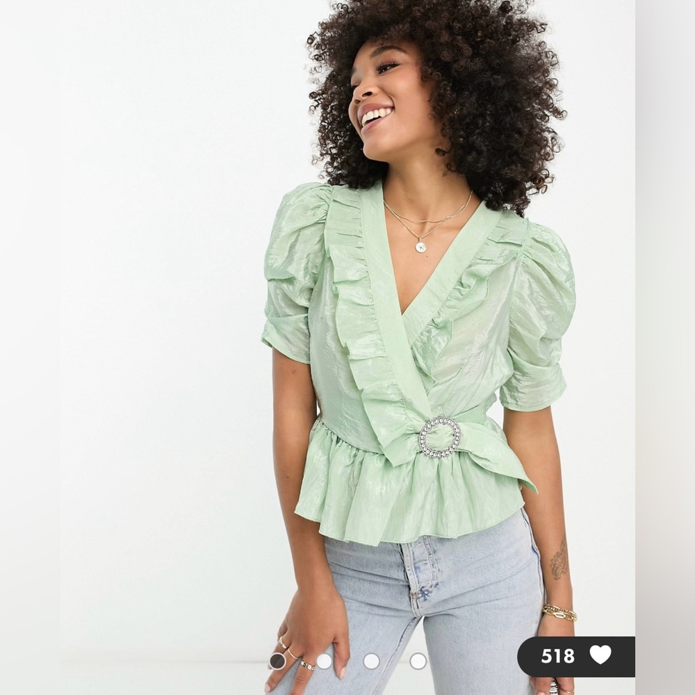 River Island ruffle detail wrap blouse with diamante buckle light green Size 2